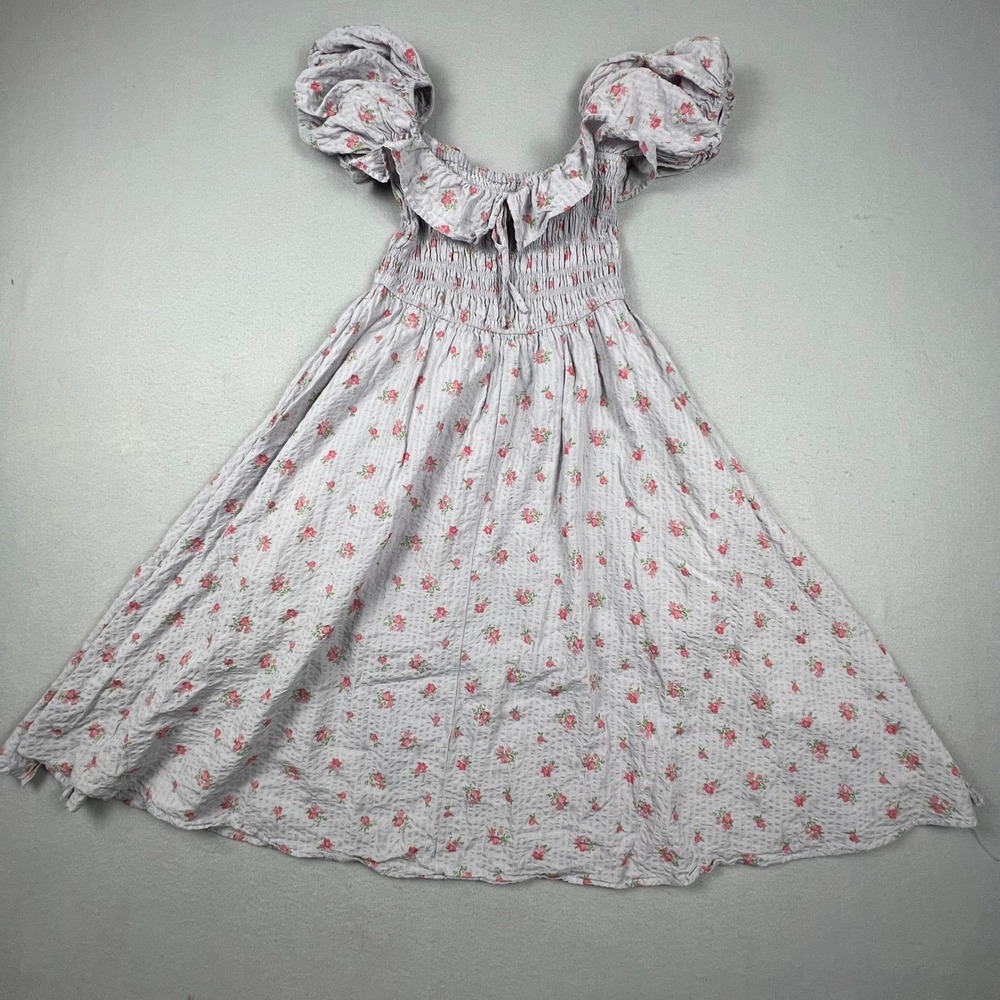 R.Vivimos Floral Midi Dress Small Grey Pink Smocked Puff‎ Sleeve Cottagecore